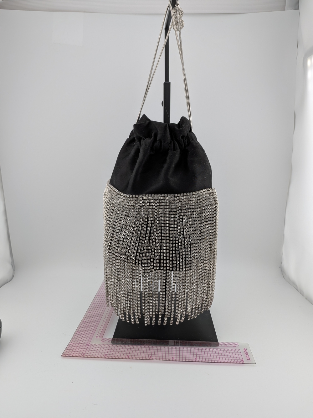 INC International Concepts Black Drawstring Mini Bag with Silver Fringe